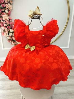 Vestido Infantil Vermelho Jacquard Broche Dourado Natal Festa (3366VC) na internet