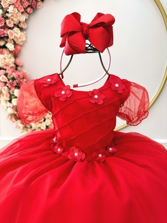 Vestido Infantil Vermelho Busto Nervura Apliques Flores (1293VC) na internet