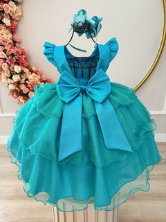 Imagem do Vestido Infantil Verde Tiffany C/ Renda Glitter Strass Festas (5008VT)