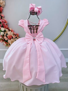 Vestido Infantil Rosa Bebê Busto C/ Renda e Cinto de Pérolas (0600RB) - loja online