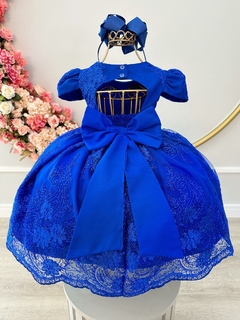 Vestido Infantil Azul Royal C/ Renda Realeza Cinto de Pérolas (1100AK) - comprar online