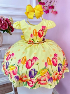 Vestido Infantil Amarelo Flores Tulipas Cinto Pérolas Luxo (3151AM) - comprar online