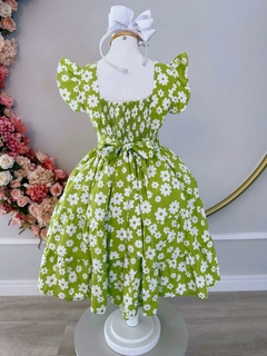 Imagem do Vestido Infantil Primavera Verão Verde Lima C/ Margaridas (3373VL)