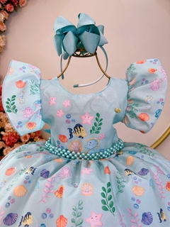 Vestido Infantil Verde Fundo do Mar C/ Pérolas Festas Luxo (3414VD)
