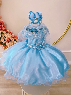 Imagem do Vestido Infantil Frozen C/ Capa e Laço Princesas Luxo Festas (0055AB)