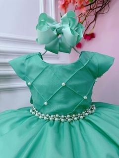 Vestido Infantil Verde C/ Busto Nervura e Pérolas Festas (0663VD) - comprar online