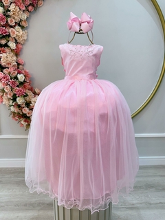 Vestido Infantil Damas de Honra Longo Rosa Strass e Pérolas (2224RR)