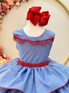 Vestido Infantil Azul Busto Strass e Saia Com Babado Luxo (1736AV)