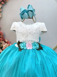 Vestido Infantil Off White Saia Verde Tiffany Renda e Broche (4578VT) - comprar online