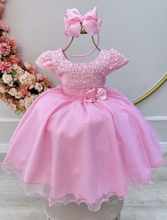 Vestido Infantil Rosa Luxo C/ Renda e Aplique Laço (7007RS) - Lily Dresses Store
