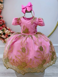 Vestido Infantil Rosa Renda Realeza Cinto de Pérolas Damas (1100RM)