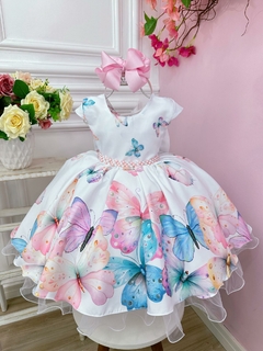 Vestido Infantil Branco Borboletas Damas Festas Luxo Pérolas (1749BR) - Lily Dresses Store