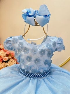 Vestido Infantil Azul Saia C/ Glitter e Apliques de Flores (1303AZ) - comprar online