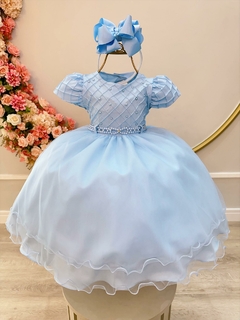Vestido Infantil Azul Claro Busto Nervura Pérolas Daminhas (3610AB)