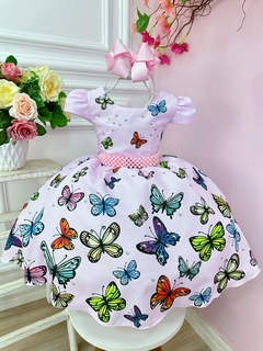Vestido Infantil Jardim das Borboletas Rosa C/ Cinto Pérolas (0728RS)
