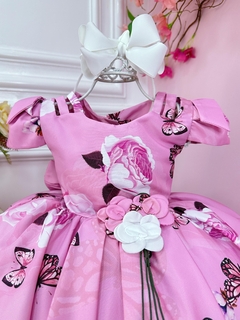 Vestido Infantil Rosa Jardim das Borboletas Broche Flor Luxo (2793RB) - comprar online