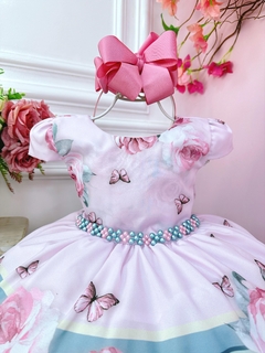 Vestido Infantil Rosa Flores Jardim das Borboletas Pérolas (1145RB) na internet