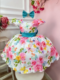 Vestido Infantil Branco Jardim Das Borboletas C/ Laço Luxo (3210BR)