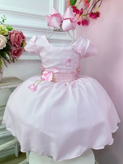 Vestido Infantil Rosa C/ Aplique de Flores e Broche Luxo (3223RS)