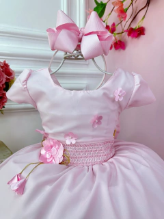 Vestido Infantil Rosa C/ Aplique de Flores e Broche Luxo (3223RS)