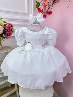 Vestido Infantil Branco C/ Broche Flores Aplique Borboletas (3221BR)