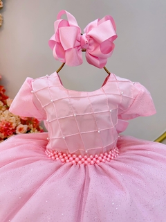 Vestido Infantil Rosa Claro Busto Nervura Pérolas e Glitter (2027RS) - Lily Dresses Store
