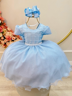 Vestido Infantil Azul Claro Busto Nervura Pérolas e Glitter (2027AZ) - Lily Dresses Store