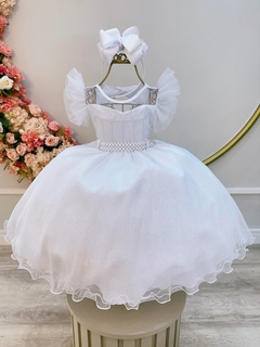 Vestido Infantil Branco Com Cinto de Pérolas Daminhas (3626BC) - comprar online