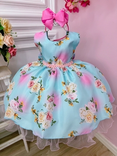 Vestido Infantil Verde Tiffany Flores Luxo Festa Pérolas (1454VT) - loja online