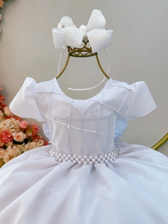 Vestido Infantil Branco Com Busto Nervura Pérolas Daminha (1089BB) - loja online
