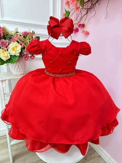 Vestido Infantil Vermelho Cinto de Pérolas Casamento Luxo (7504VM) na internet