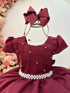 Vestido Infantil Marsala Com Busto Nervura Pérolas Daminha (1089MS)