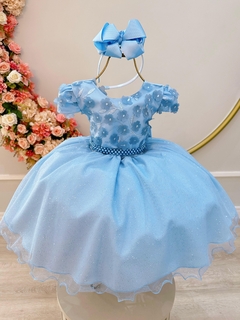 Vestido Infantil Azul Claro Saia C/ Glitter e Apliques Flores (1305AB)