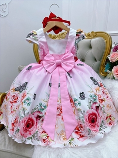 Vestido Infantil Rosa e Branco Borboletas Cinto de Pérolas (721RS) - comprar online