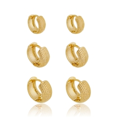 Brinco trio Argola de clic texturizado Banhado em Ouro 18K