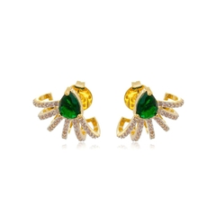 Brinco Ear Cuff Cravejado com Micro Zircônia e Pedra Verde Banhado em ouro 18K