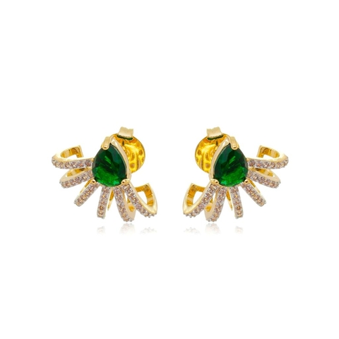 Brinco Ear Cuff Cravejado com Micro Zircônia e Pedra Verde Banhado em ouro 18K