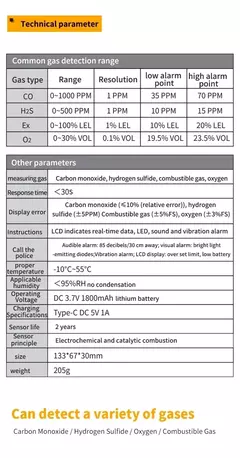 Medidor do detector de gás 4 em 1, oxigênio, O2, monóxido de carbono, CO, H2S - loja online