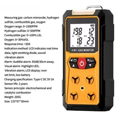 Medidor do detector de gás 4 em 1, oxigênio, O2, monóxido de carbono, CO, H2S