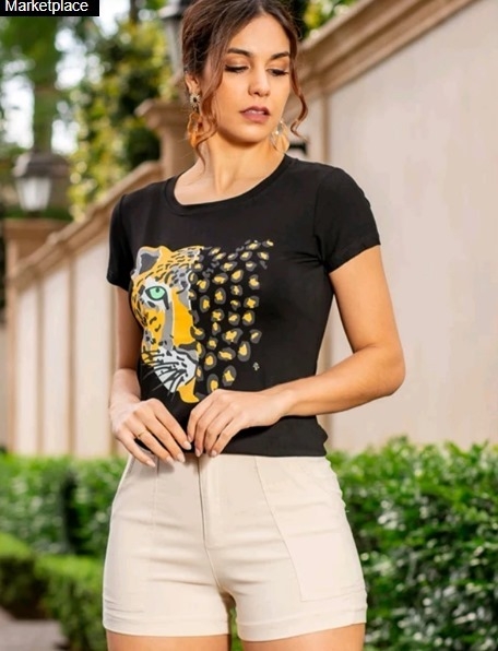 Blusa T-shirt Feminina Camiseta Manga Onça preta Cód : 3014
