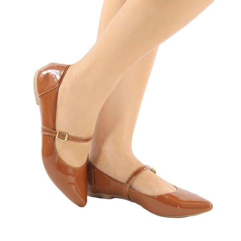 Sapatilha Luísa - Estilo Boneca com Bico Fino Verniz Caramelo