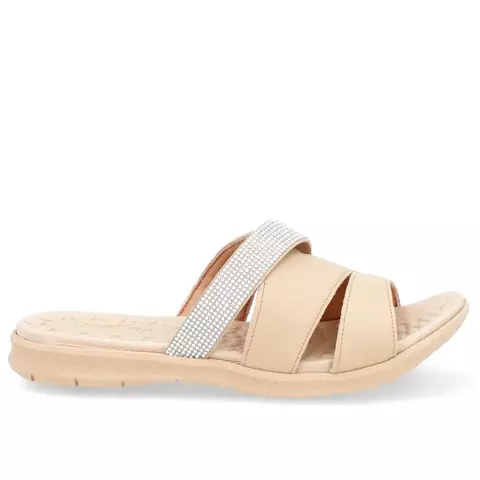 Slide Bege Tiras Couro Strass - Usafle