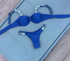 Biquini aro meia taça em pedraria Azul Marinho - comprar online