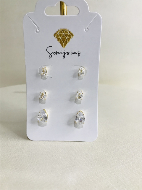 Trio de brincos gota zircônia cristal, em 3 tamanhos, banhado no ouro 18k