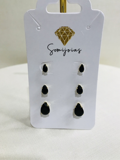 Trio de brincos gota preta, em 3 tamanhos, banhado no ouro 18k