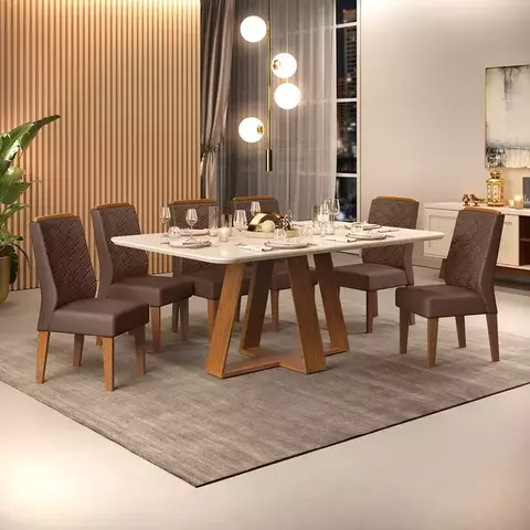 CONJUNTO MESA CELESTE BASE FREIJO- TAMPO VIDRO 1600X900 ARREDONDADO /OFF WHITE 6 CADEIRA BIA VELUDO MOCA DJ