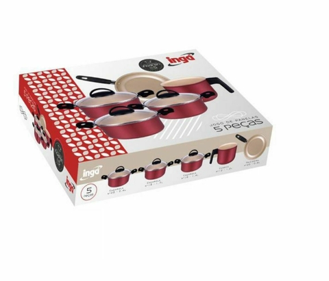 JOGO DE PANELAS INGAFLON 5 PECAS CEREJA INTERIOR BEGE