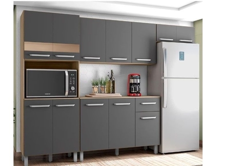 COZINHA COMPLETA POLIMAN SINTRA COM 12 PORTAS, 1 GAVETA E 4 PRATELEIRAS(CARVALHO GRAFITE) - (balcão não incluso)