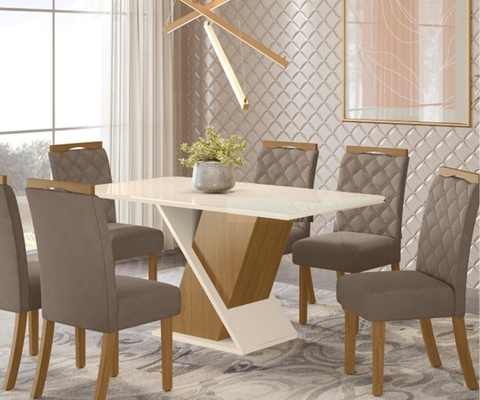 MESA SOLUS (CANTO ARREDONDADO ) HENN Nature/Off White Cadeira 6 cadeira Bella Nature/Marrom Amendoa
