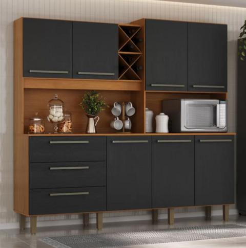 KIT AJAX - ARMARIO PARA COZINHA MDP CINAMOMO/PRETO CATEDRAL 7P 3G